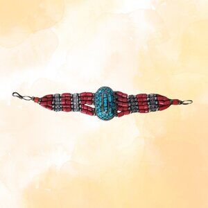 Vintage 5-Strand Coral Beaded Bracelet with Inlaid Turquoise, Silvertone